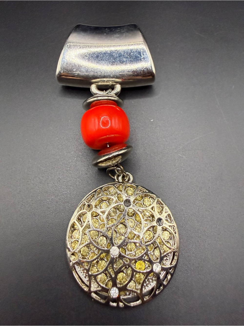 Silver Tone and Red Bead Pendant Scarf Accent - Classic Floral Filigree Accent